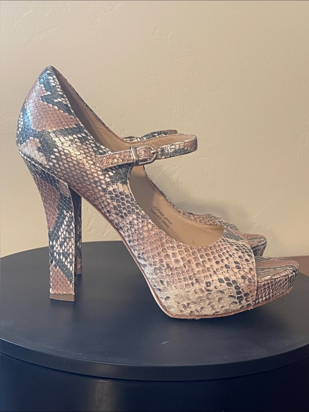 Via Spiga Platform Snake-Print Mary Jane Heels in BeigeTan Gold Size 8.5